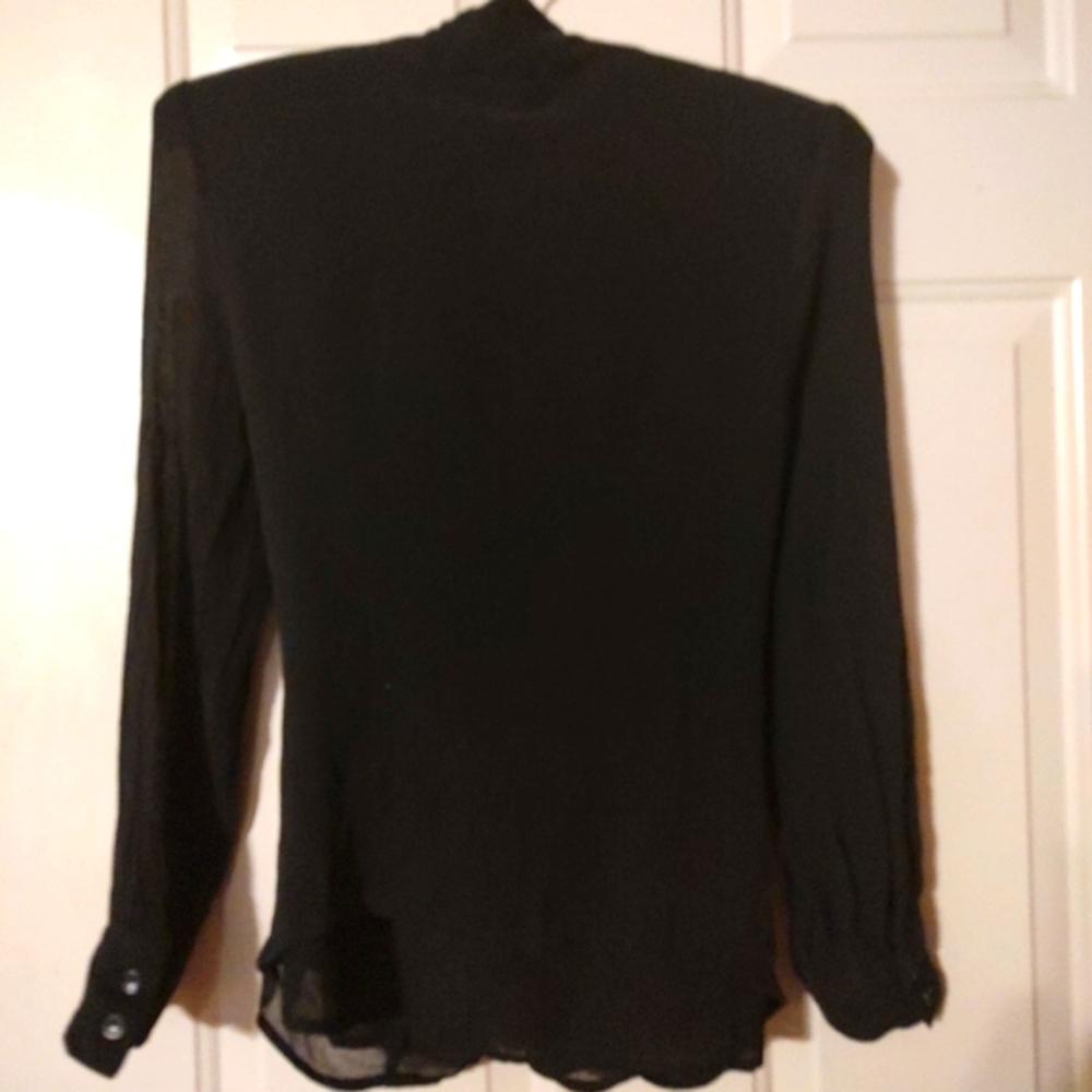 🐦⬛🖤🐦⬛ Divine Vintage Genuine Silk Black Sheer Ruffled Bow Blouse Top - 12 - Picture 6 of 16